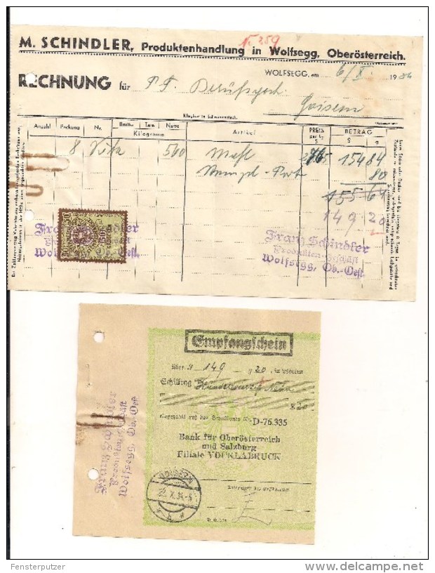 1 Rechnung Wolfsegg 6.10.1934 Nach Goisern Mit Aufgekl. Stempelm. 50 Groschen Aus 1925 + Zahlschein - Austria