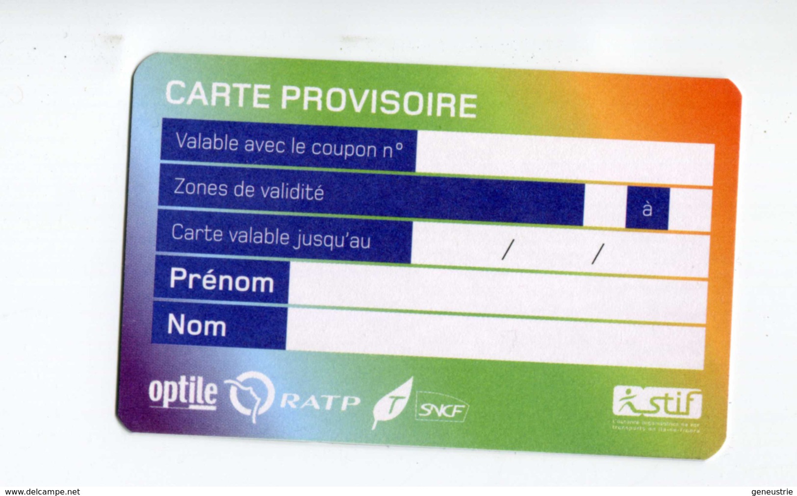 Carte Provisoire Vierge Type 1  SNCF / RATP Délivrée En Cas De Déterioration Du Titre Principal - Ticket RER Métro Paris - Europe