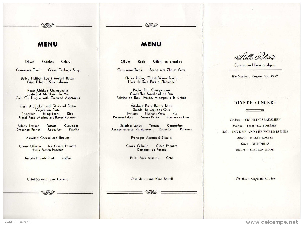 MENU CROISIERE CLIPPER LINE Stella Polaris  MALMO Suede Sweden PERROQUETS  PARROTS  Aout 1959 - Menus