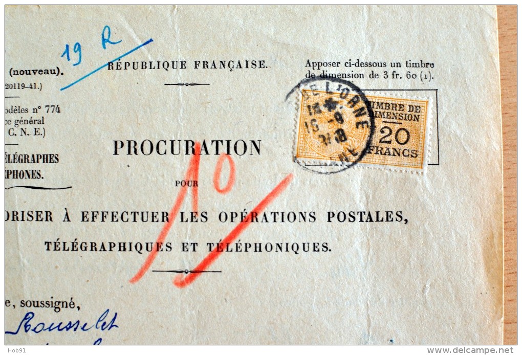 Procuration PTT - Timbres De Dimension Et Taxes Communales - FLERS (Orne -61) (CL 539) - Altri & Non Classificati