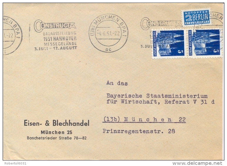 Germany BRD 1951 Commercial Cover From/to Munich With Mechanical Cancel Hannover Constructa Bau Ausstellung - Other & Unclassified