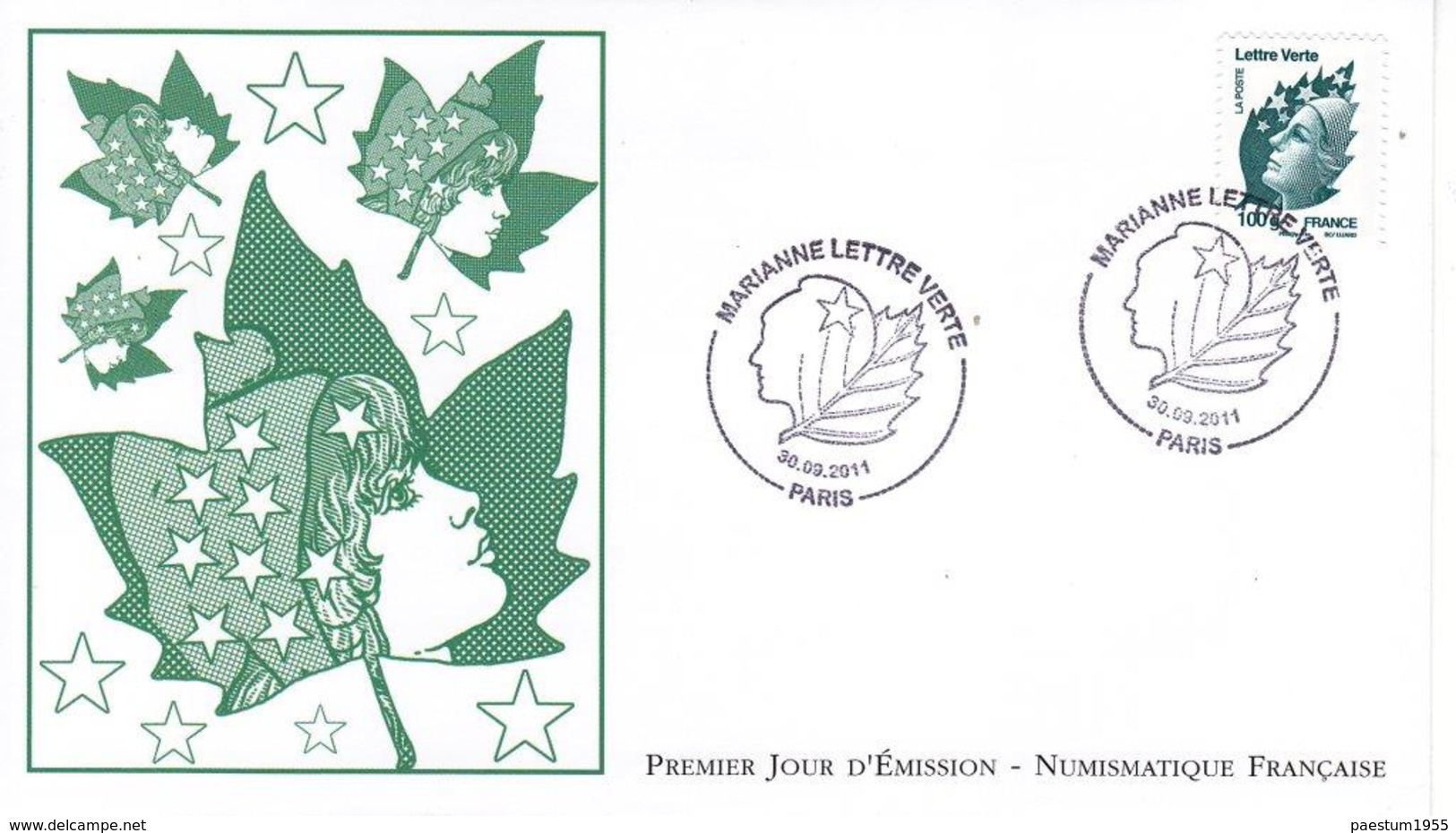 set de 4 FDC enveloppe premier jour FRANCE 2011 Série MARIANNE de Beaujard complète  lettre verte 2011