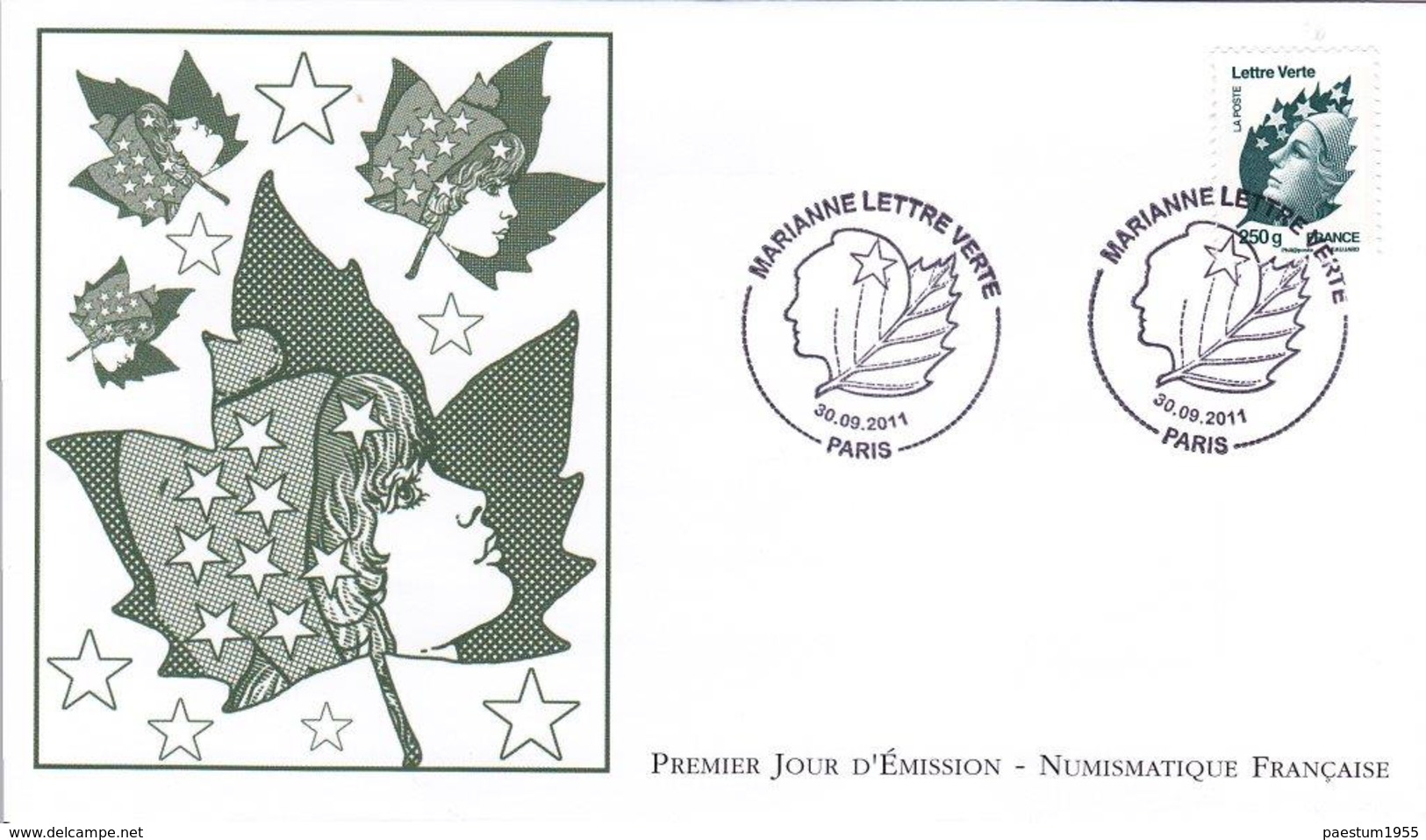 set de 4 FDC enveloppe premier jour FRANCE 2011 Série MARIANNE de Beaujard complète  lettre verte 2011