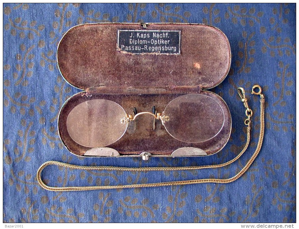 Occhiali D'epoca Con Ponte Placcato Oro 18k Con Catenella E Scatola Originale - Gafas/Lentes