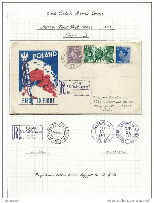 1946. REGISTERED  LETTER .POLISH  FORCES IN EGIPT. FIELD  POST  OFFICE No. 101. - Covers & Documents