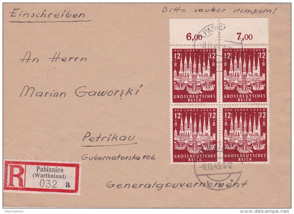 ALLEMAGNE  LETTRE RECOMMANDEE SANS CACHET ARRIVEE DE PABIANICE 1943 - Briefe U. Dokumente