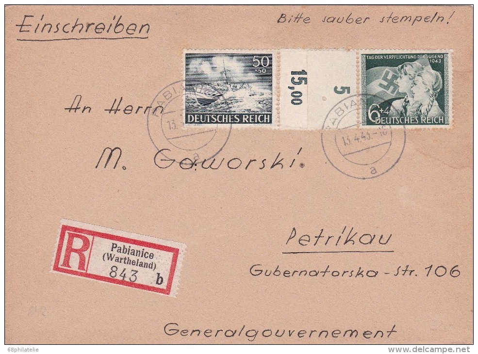 ALLEMAGNE  LETTRE RECOMMANDEE SANS CACHET ARRIVEE DE PABIANICE 1943 - Briefe U. Dokumente