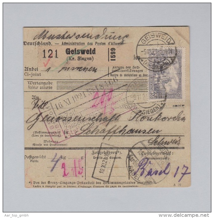 DR 1921-11-09 Geissweid Paketkarte Nach Schaffhausen - Lettres & Documents