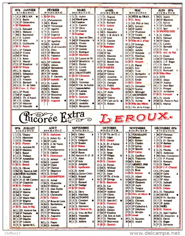 Petit Calendrier CHICOREE LEROUX    Année 1976 - Tamaño Pequeño : 1971-80