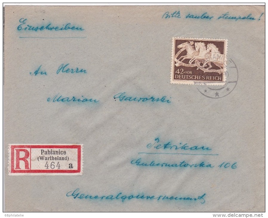 ALLEMAGNE LETTRE RECOMMANDEE  AVEC CACHET ARRIVEE PABIANICE 1942 - Briefe U. Dokumente