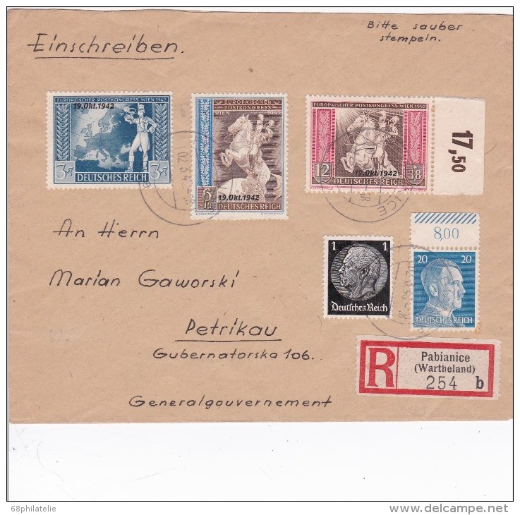 ALLEMAGNE LETTRE RECOMMANDEE  AVEC CACHET ARRIVEE PABIANICE 1943 - Briefe U. Dokumente