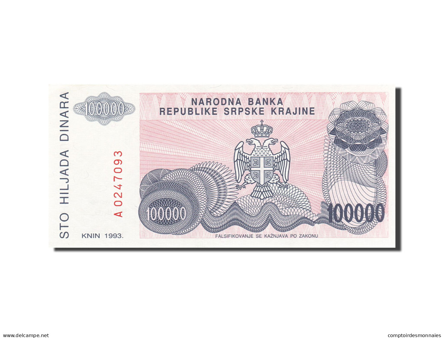 Billet, Croatie, 100,000 Dinara, 1993, 1993, KM:R22a, SPL - Croatie