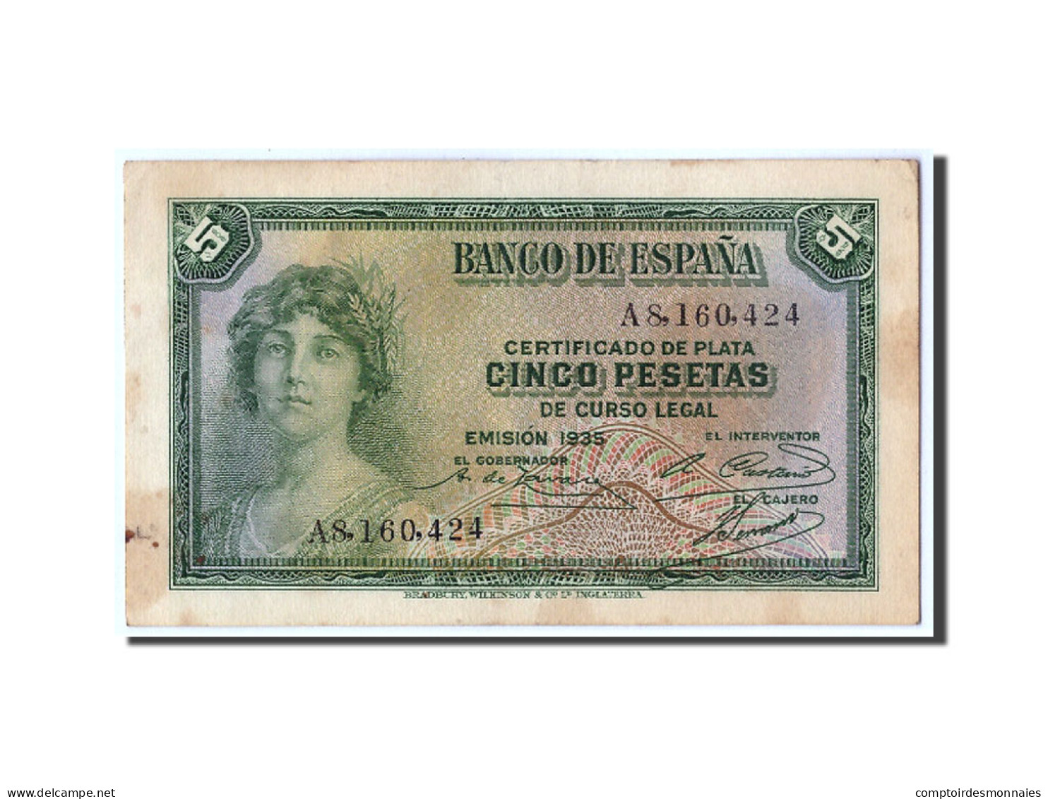 Billet, Espagne, 5 Pesetas, 1935, KM:85a, TTB - 5 Pesetas