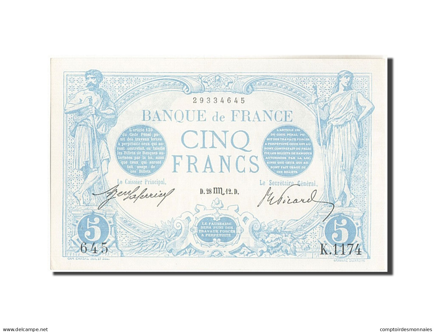 Billet, France, 5 Francs, 5 F 1912-1917 ''Bleu'', 1912, 1912-10-28, SPL - 5 F 1912-1917 ''Bleu''