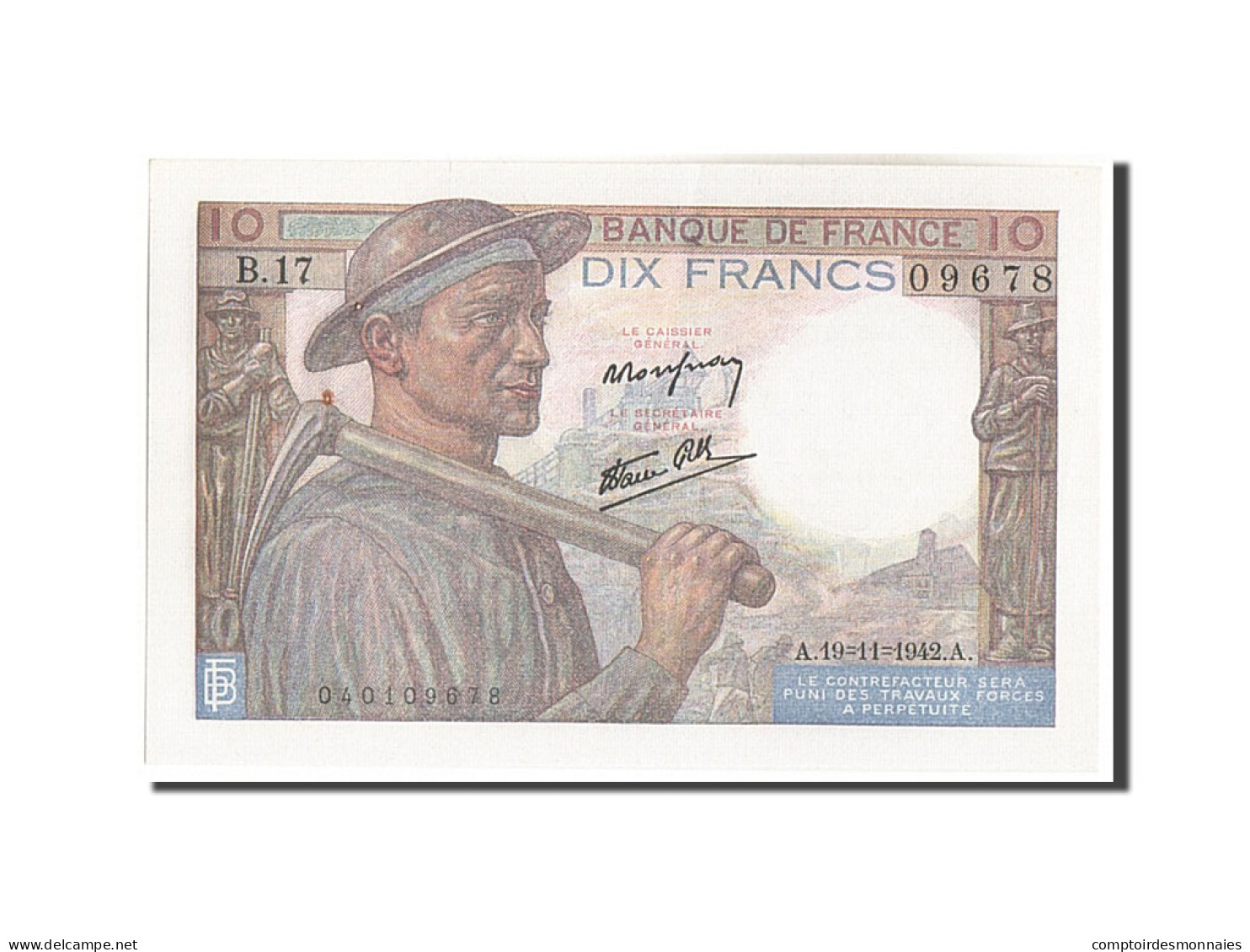 Billet, France, 10 Francs, 10 F 1941-1949 ''Mineur'', 1942, 1942-11-19, SPL - 10 F 1941-1949 ''Mineur''