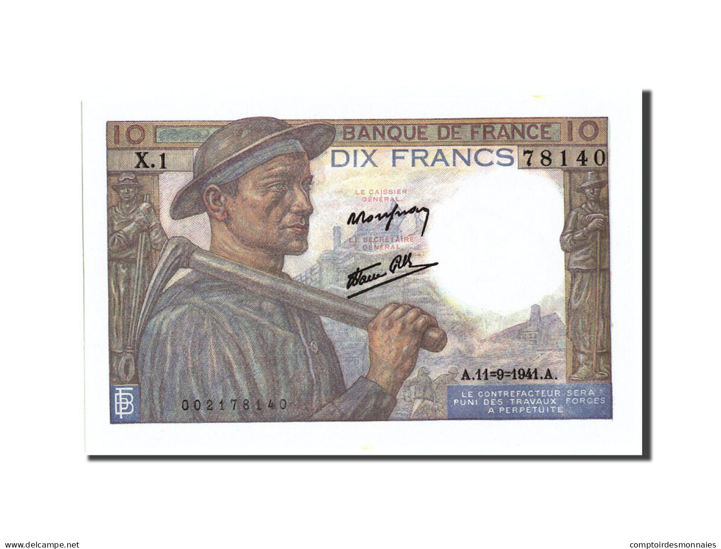 Billet, France, 10 Francs, 10 F 1941-1949 ''Mineur'', 1941, 1941-09-11, SPL+ - 10 F 1941-1949 ''Mineur''