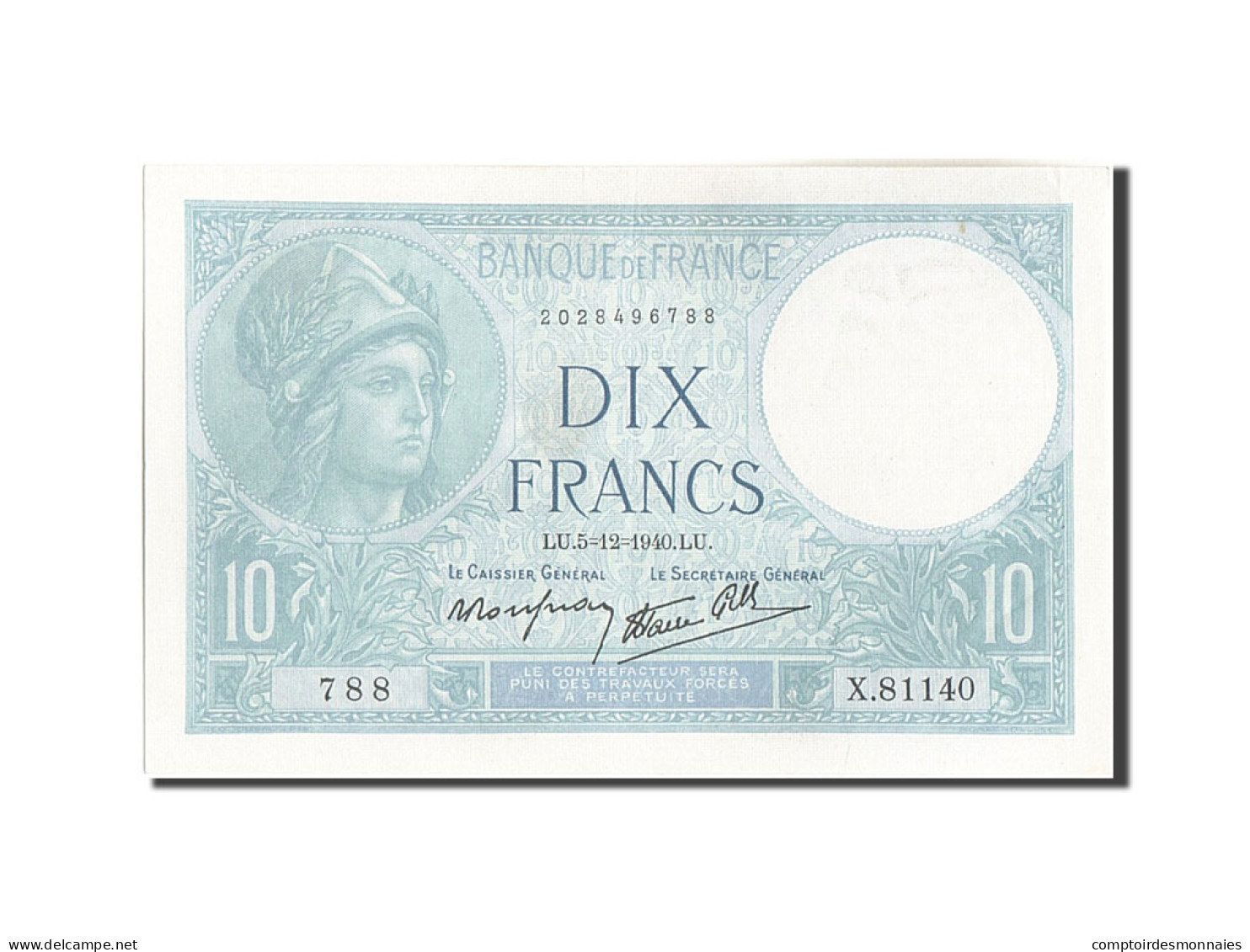 Billet, France, 10 Francs, 10 F 1916-1942 ''Minerve'', 1940, 1940-12-05, SPL+ - 10 F 1916-1942 ''Minerve''