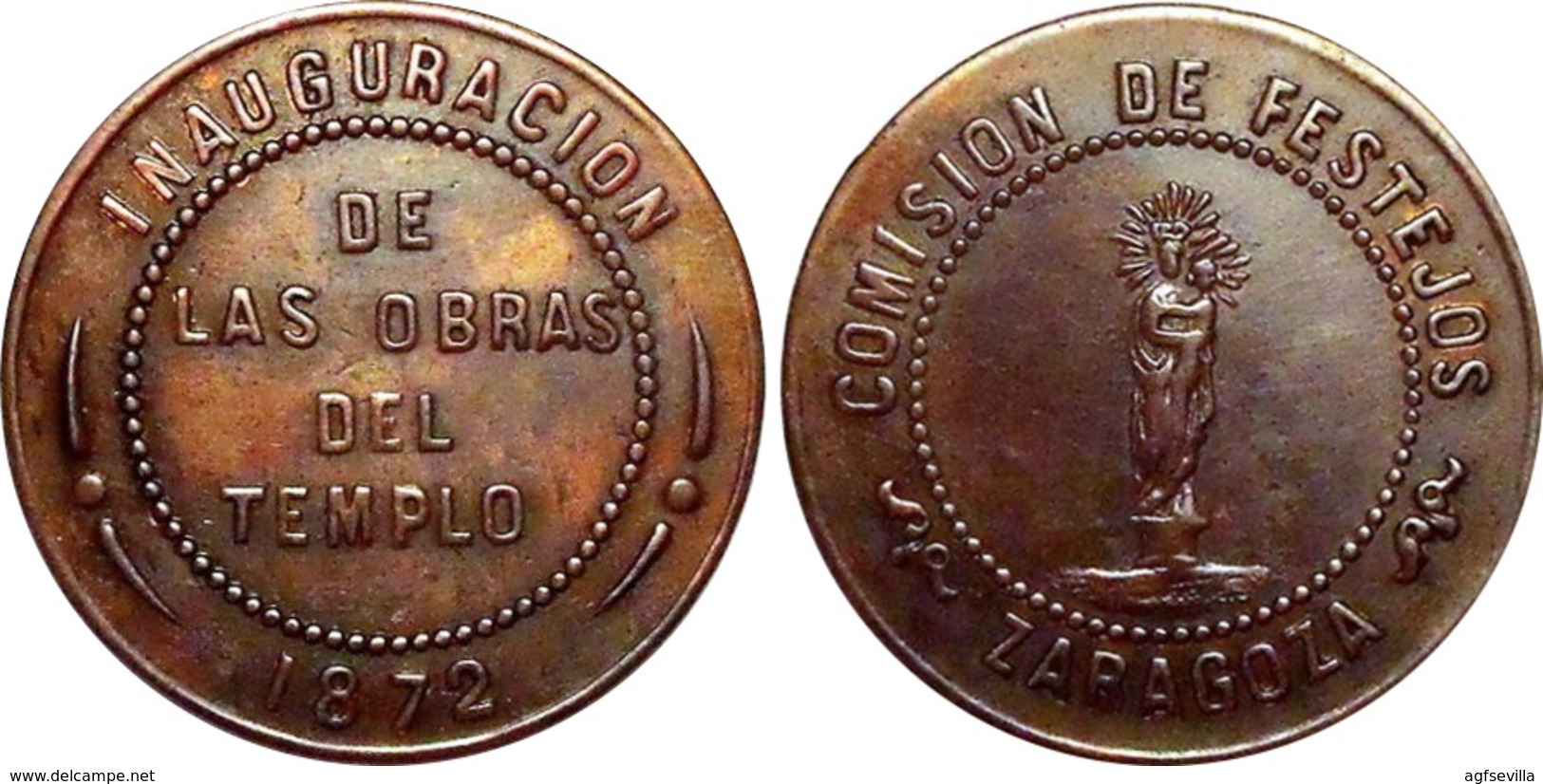 ESPAÑA. ALFONSO XII. MEDALLA INAUGURACIÓN DE LAS OBRAS DEL TEMPLO, ZARAGOZA 1.872. ESPAGNE MEDAILLE. SPAIN MEDAL - Royal/Of Nobility