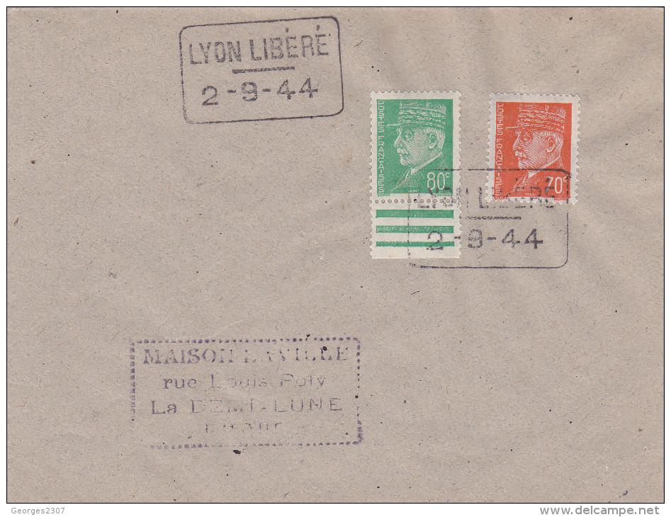 France - LSC - 2  Timbres Pétain  Cachet Lyon Libéré (type Hourrier) Sur Lettre -- 2/09/1944 Recto - 1921-1960: Modern Period