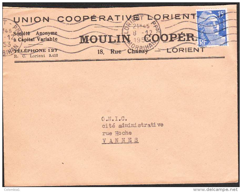 Lettre Union Cooperative De LORIENT Du 8-12-1953 Vers VANNES (Type Marianne De Gandon) - 1945-54 Marianne De Gandon