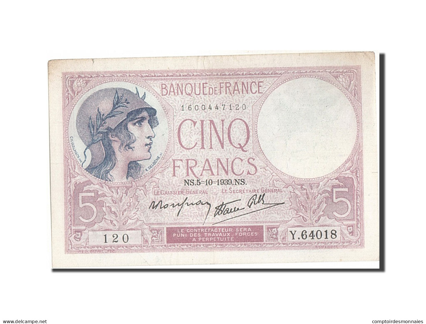 Billet, France, 5 Francs, 5 F 1917-1940 ''Violet'', 1939, 1939-10-05, SUP - 5 F 1917-1940 ''Violet''