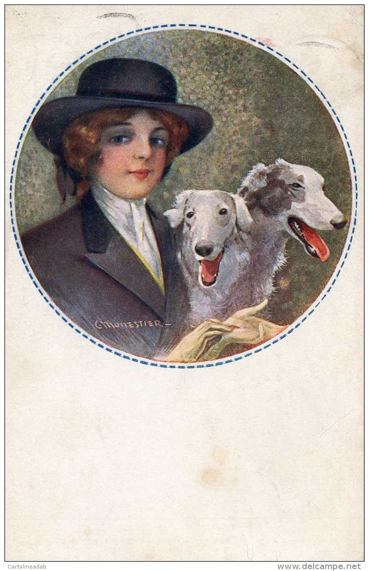 [DC9710] CPA -ILLUSTRATORE MONESTIER C. DONNA CON CANI LEVRIERI - Viaggiata 1917 - Old Postcard - Monestier, C.