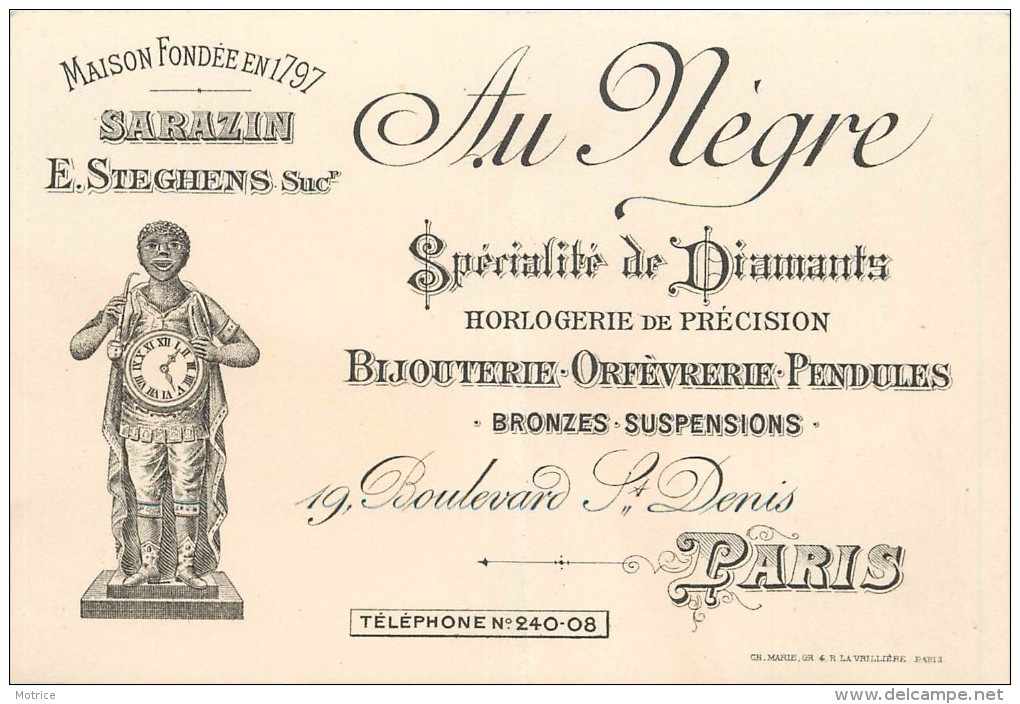 PARIS - Au Nègre Bijouterie Orfèvrerie;19 Boulevard Saint Denis; Carte Format 12,5x8,5cm. - Paris (10)