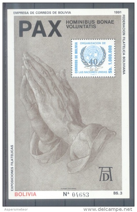 CEFILCO 206. MICHEL 195 MEN OF GOODWILL (A DÜRER). HANDS IN AN ATTITUDE OF PRAYER. 40 ANNIVERSARY OF THE ORGANIZATION OF - Bolivia