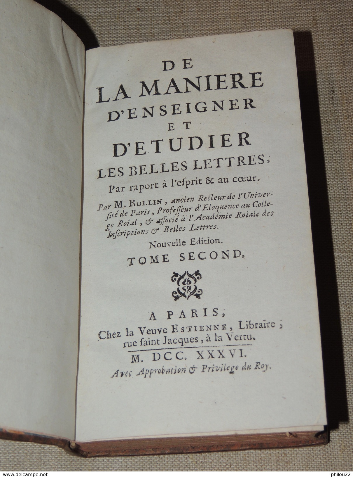 ROLLIN - De La Manière D'enseigner Et D'étudier Les Belles Lettres - T. 2  1736 - 1701-1800