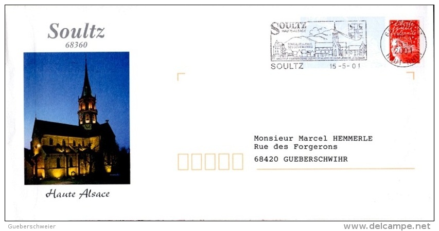 EGL-L57 - FRANCE Entier Postal Illustré De L'Eglise De Soultz Avec Flamme Correspondante - PAP : Sovrastampe Private