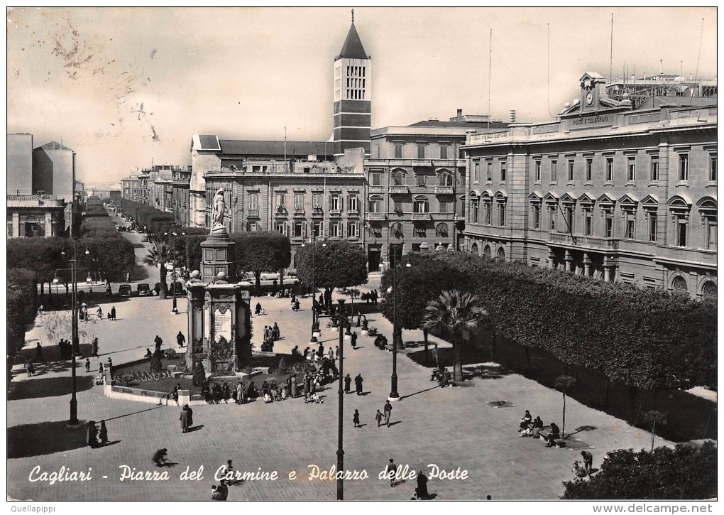 04881 "CAGLIARI - PIAZZA DEL CARMINE E PALAZZO DELLE POSTE" ANIMATA, VERA FOTOGRAFIA. CART  SPED 1955 - Cagliari