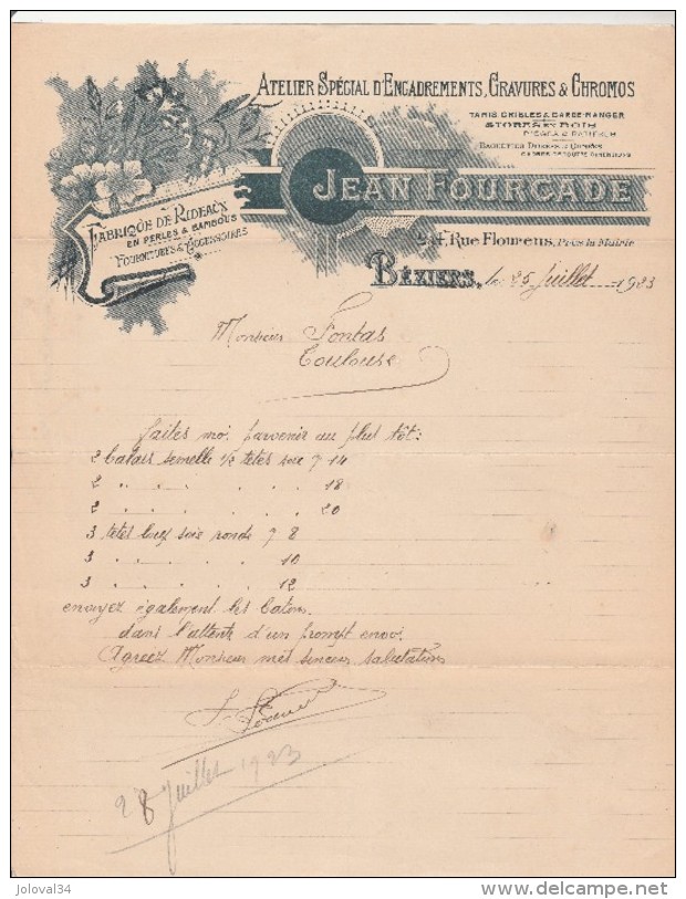 Lettre 25/7/1923 Jean FOURCADE Encadrements Gravures Chromos Pièges Ratières BEZIERS Hérault - 1900 – 1949