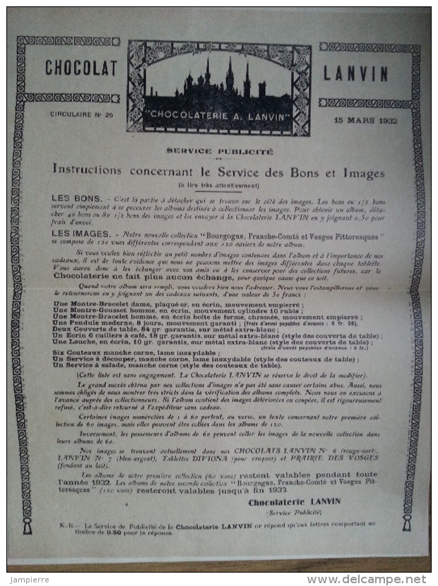 Album chromos 1932 - Bourgogne Franche-Comté et Vosges - Lanvin : 94 images sur 120 + 2 circulaires et un bulletin