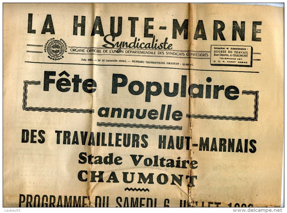 La Haute Marne Syndicaliste N 12 Juin 1963 Eddy Mitchell Et Les Chaussettes Noires Chaumont Henin-lietard  Lucien Prost - Unclassified