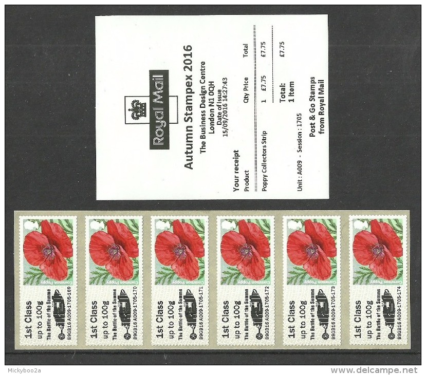 GB 2016 STAMPEX AUTUMN A009 MILITARY SOMME 1ST CLASS STRIP POST & GO ATM MNH - Post & Go Stamps