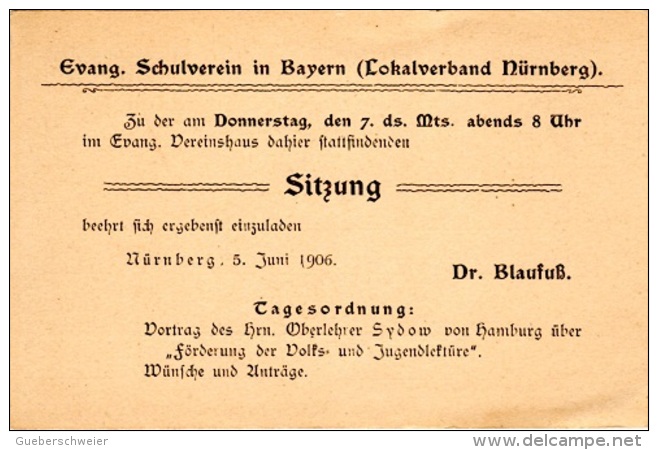 LUTH-L7 - ALLEMAGNE Entier Postal Repiqué Invitation Réunion à La Maison Evangélique De Nurenberg 1906 - Cartes Postales