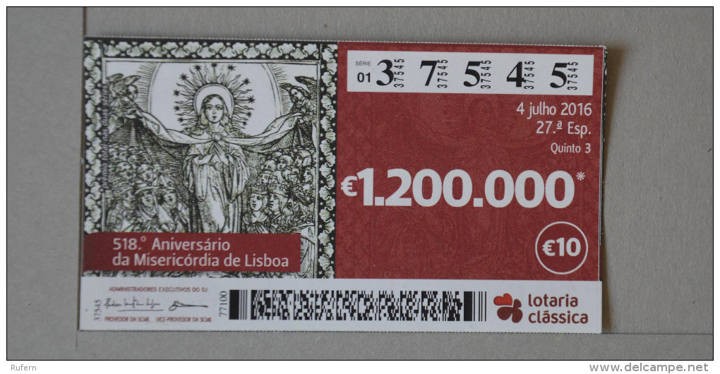 PORTUGAL   2016 - LOTARIA CLASSICA 27ª   - 2 SCANS - (Nº16329) - Billets De Loterie