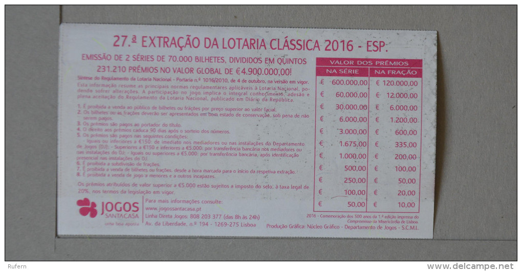 PORTUGAL   2016 - LOTARIA CLASSICA 27ª   - 2 SCANS - (Nº16329) - Billets De Loterie