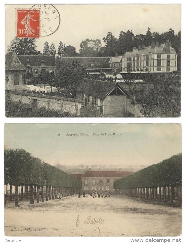 SONGEONS (Oise) - Lot De 2 CPA. Place Du Franc-Marché + Le Château Et Ses Dépendances (non Légendée). - Songeons
