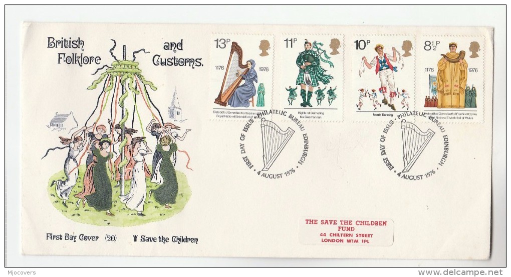 1976 GB FDC Stamps BAGPIPES, HARP, MUSIC, MORRIS DANCING Cover By SAVE THE CHILDREN - Music