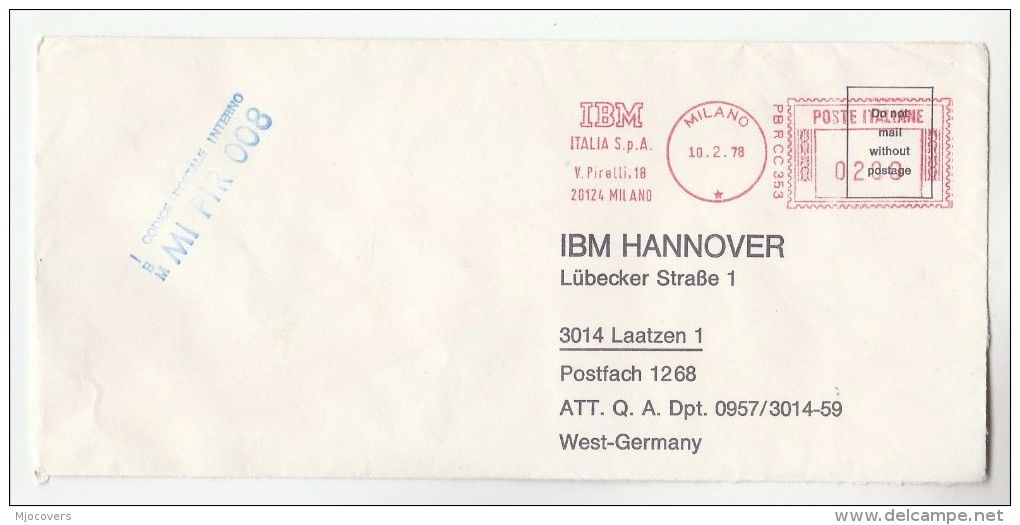 1978 ITALY COVER METER SLOGAN Pmk IBM ITALIA MILAN To IBM Germany  Computing - Computers