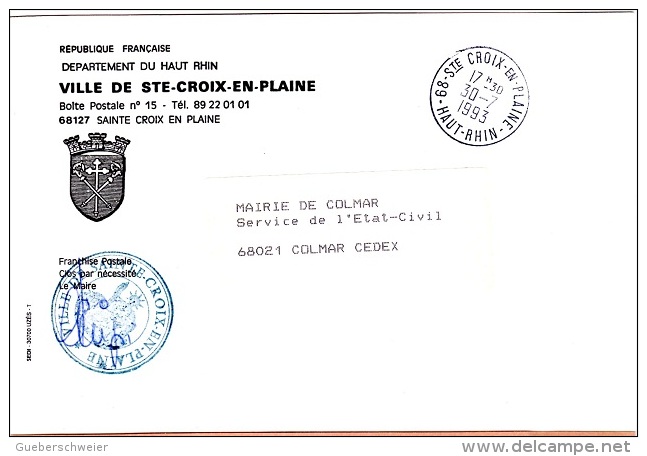 CR-L1 - FRANCE Lettre En Franchise Postale De La Ville De Ste-Croix-en-Plaine Blason Avec Croix - Civil Frank Covers