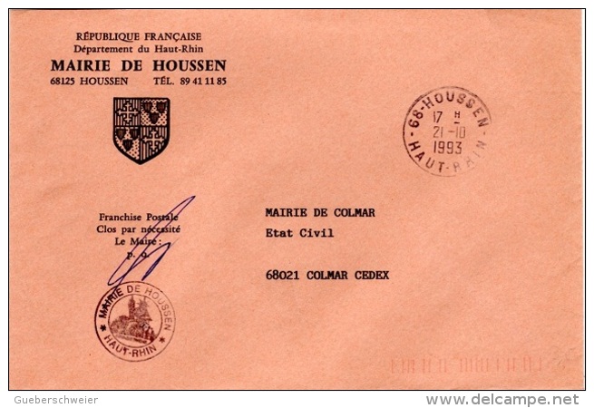CR-L2 - FRANCE Lettre En Franchise Postale De La Mairie De Houssen Blason Avec Croix - Lettres Civiles En Franchise
