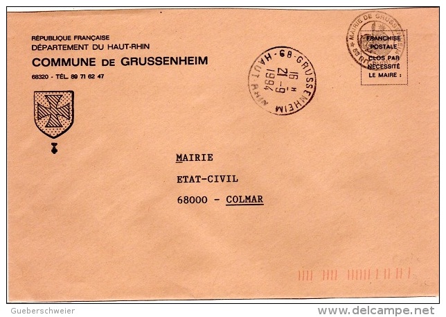 CR-L7 - FRANCE Lettre En Franchise Postale De La Commune De Grussenheim Blason Avec Croix - Civil Frank Covers