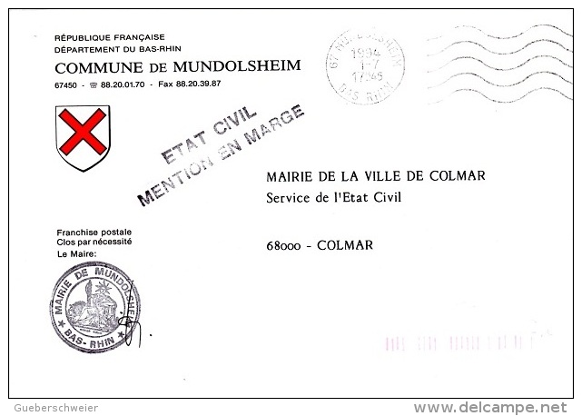 CR-L8 - FRANCE Lettre En Franchise Postale De La Commune De Mundolsheim Blason Avec Croix - Civil Frank Covers