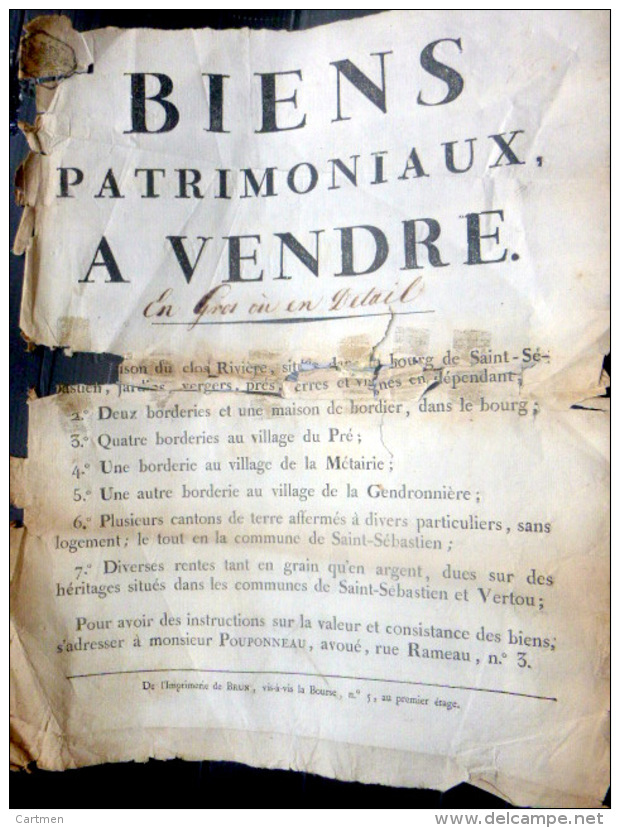 44 SAINT SEBASTIEN ET VERTOU  D´ANNONCE DE VENTE  BIENS PATRIMONIAUX ET BORDERIE     VERS 1805 - Documents Historiques