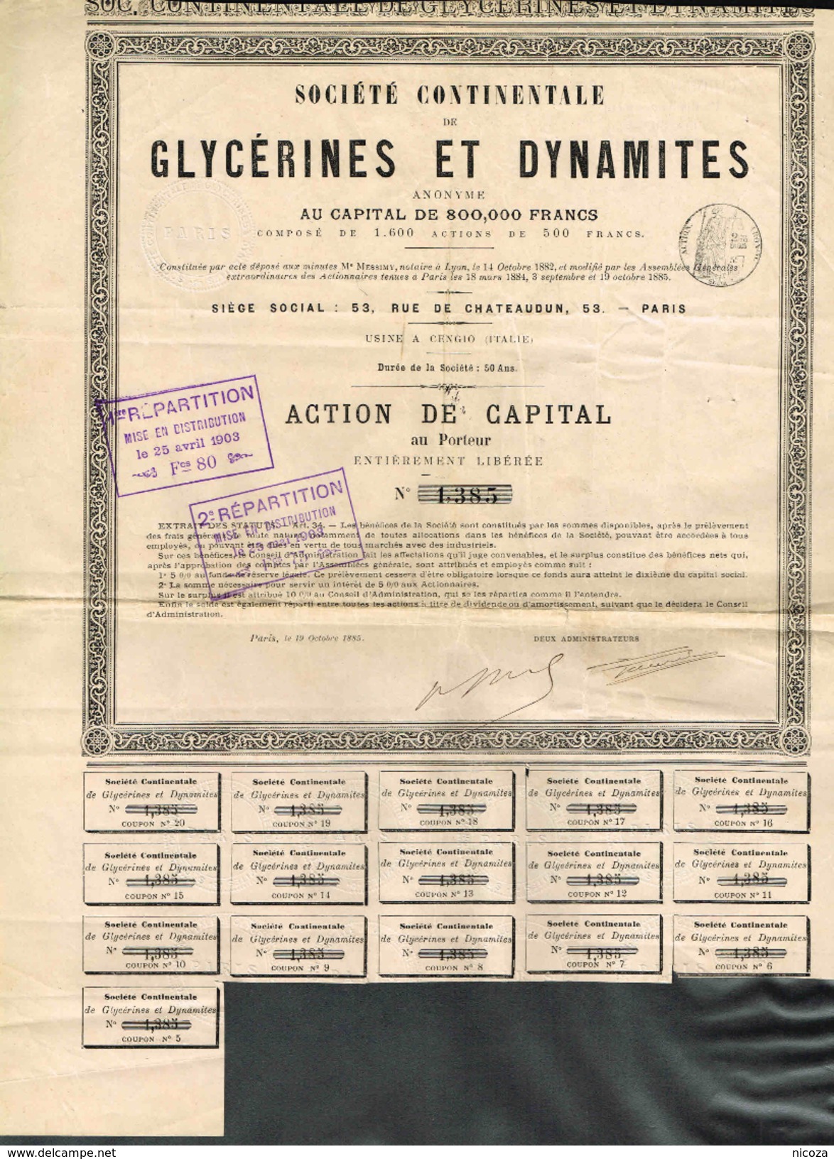 1885 Soc. Continentale De Glycerines Et Dynamites - Autres & Non Classés