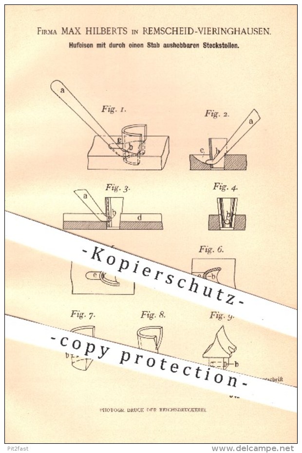 Original Patent - Max Hilberts , Remscheid Vieringhausen , 1901 , Hufeisen Mit Aushebbaren Steckstollen , Huf , Schmied - Historische Dokumente