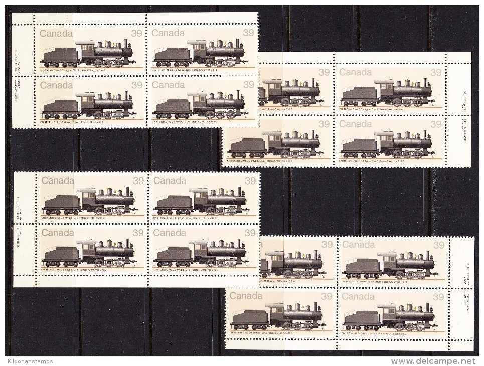 Canada 1985 Trains, Corner Plate Blocks, Mint No Hinge, Sc# 1073 - Trenes