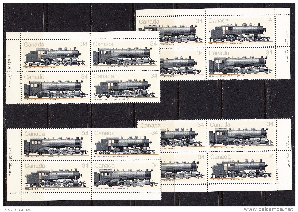 Canada 1985 Trains, Corner Plate Blocks, Mint No Hinge, Sc# 1071a - Trenes